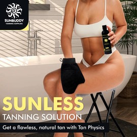 SUNBUDDY Tan Physics Self Tanner & Sunbuddy Deluxe Bundle (6pcs)CFace & Body Tanner Mitts, Exfoliation Glove, Application Mitt, Storage Bag & 8oz True Color Sunless Tanning Lotion-self tanning mitt applicator