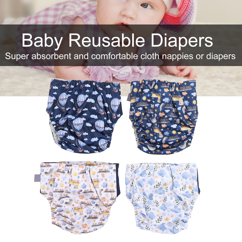 4 Pcs Reusable Cloth Diapers Easy to Set Up Washable