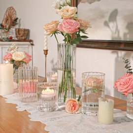 ComSaf Glass Cylinder Vases Pack of 12, Clear Ribbed Bud Vases for Centerpieces Weeding Decoration, 4 inch 6 Inch 10 Inch Tall Clear Flower Vases in Bulk, Hurricane Candle Holder for Party Home Decor