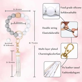 BAOSIWA Silicone Beaded Keychain Bracelet Wristlet Key Ring White Bangle Chains for Women with Leather Tassel