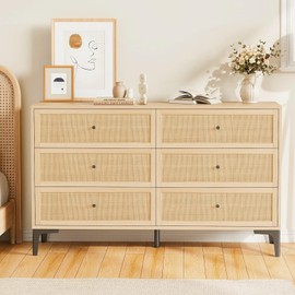 Jocoevol Rattan Dresser for Bedroom with 6 Drawers, Wide Chest of Drawers & Boho Dresser for Closet, Store Organizer for Bedroom, Living Room, Hallway (Natural)