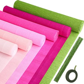 Gersoniel 57 Pcs Crepe Paper Flower DIY Kits 6 Rolls 35g Crepe Paper Sheets 50 Pcs Floral Iron Wire 10 Inch x 8 Feet 1 Roll 50 Meter for Birthday Party Wedding(Pink and Green Series)