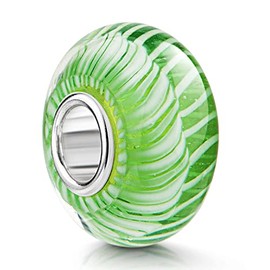 MATERIA by Matthias Wagner Glass Bead Striped Pattern Green White with Silver Sleeve for Bracelets / Necklaces 1243, Glass