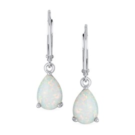 Gemstone Simple White Created Opal Solitaire Pear Shaped Teardrop Dangle Lever back Earrings For Women Teen .925 Sterling Silver