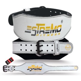 Genuine Leather Weightlifting Belt - 6 Inches Wide by Estremo Fitness - Superior Back Support for Powerlifting, Squats, and Deadlifts - Durable and Comfortable Design. (White, Medium (30"-34"))