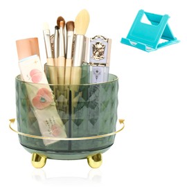 SAYEEC Pen Holder for Desk 6 Slots Rotating Makeup Brush Organizer Toothbrush Hairbrush Holder Versatile Desk Skincare Cosmetic Organizer Pencil Cup Pot Art Supply Caddy for Vanity Office, Dark Green