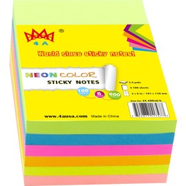 4A Sticky Notes,Neon Assorted,4 x 6 Inches,100 Sheets/Pad,6 Pads/Pack,4A 406x6-N