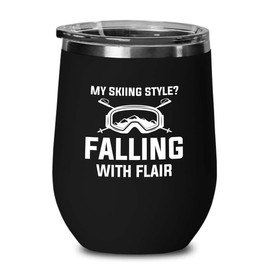 Skiing Black Edition Wine Tumbler 12oz - My skiing style - Ski Bum Gifts Fun Gifts for Skiers Mountain Camping Water Skiier Gifts