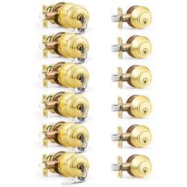 Brotima 6 Pack Keyed Alike Front Door Knob and Deadbolt Set, Entry Door Locksets with Single Cylinder Deadbolt, Polished Brass Flat Round Door Lock Set for Bedroom/Office/Exterior Doors