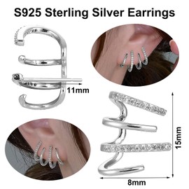 925 Sterling Silver Ear Cuff Earrings for Women Claw Earrings Gold Studs Earrings for Women Cubic Zirconia Diamond Hypoallergenic Ear Piercing Earrings Illusion Earrings 4 Prong Wrap Earings for Girls
