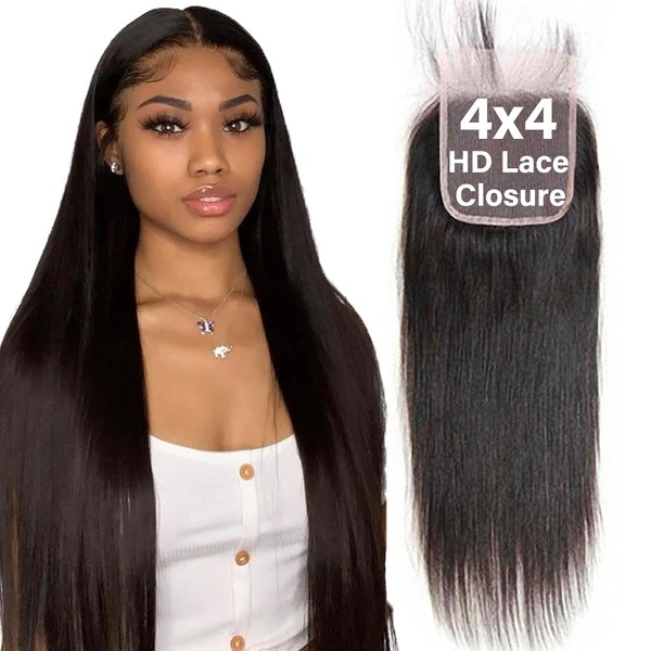 4x4 Lace Closure Bresilienne Cheveux Humain Closure Bresilienne Lisse Straight Swiss Lace Free Part With Natural Hairline Baby Hair 130% Density 12 Inches