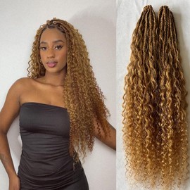 Honey Blonde #27 color Human Hair Crochet Boho Box Braids with Curls Pre Looped Curly Crochet Hair Synthetic Goddess Box Braids for Black Women 24inch 1 Pack 40 Strands
