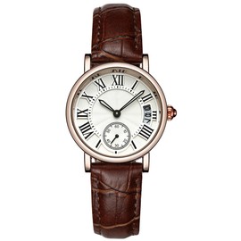 Sanda Lady Analog Round Quartz Leather Strap Date Watch Classical Wristwatch (Brown Strap)