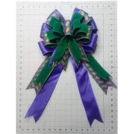 Tied by Hand Mardi Gras Bow, Emerald Green Velvet, Metallic ZigZag, Purple Satin, Size Large