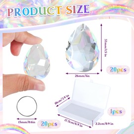 Pack of 20 Hanging Crystals, 37 mm Glass Suncatcher Crystal with 20 Metal Rings, Suncatcher Crystal, Prism Crystal Drops for Chandelier Pendants, Window Ornament, Craft Decoration