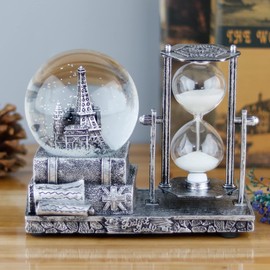 LED MusicCrystal Snow Globe， Sand Timer ，Hourglass,Home Decor,Table Decor for Living Room ，Office Desk Decorations[ Silver Tower]