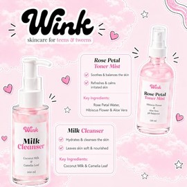 WINK SKINCARE FOR TEENS TWEENS Set De Cuidado Facial Wink Para Adolescentes - Kit Facial De Origen Vegetal | 4 Piezas Con Limpiador De Leche, Tónico D