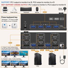 KVM Switch 2 PC 3 Monitors, KCEVE 2 HDMI + 1 DisplayPort USB 3.0 KVM Switch, 8K@30Hz/4K@144Hz Triple Monitor KVM for 2 PCs, 3 Displays and 4 USB 3.0 Devices