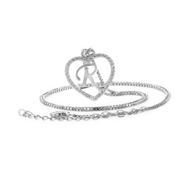 PAVELS R Necklace with Pendant Letter Chain Silver 925 Heart Sterling Silver Chains with Name Initial Letters Gifts for Her, Silver, Cubic Zirconia