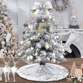 Ivarunner Silver Tree Skirt 24 Inch, Mini Christmas Tree Skirt with Glitter Satin Trim - Silver Sequin Tree Skirt - Xmas Bling Tree Mat Double Layers for Silver Christmas Ornaments and Decorations