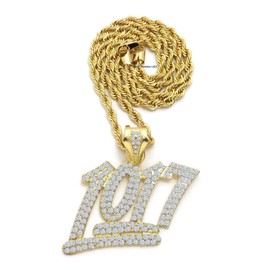 Shiny Jewelers USA MENS LARGE ICED OUT NUMBER 1017 PENDANT 24" CUBAN, BOX, ROPE CHAIN NECKLACE (Rope Chain Gold)