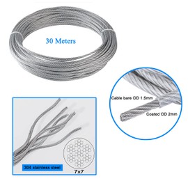aufodara 30M Stainless Steel Wire Rope 2mm PVC Coated Cable Rope, Picture Hanging Wire, Garden Wire, with 36Pcs Aluminum Crimping Sleeves (30M)