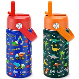Fimibuke Kids Insulated Water Bottle, 14oz BPA FREE Double Wall Vacuum Tumbler 18/8 Stainless Steel Leak Proof Kids Cups with Straw Metal Bottles for School Boys Girls (2 Pack, Trucks/Green Dinosaur)