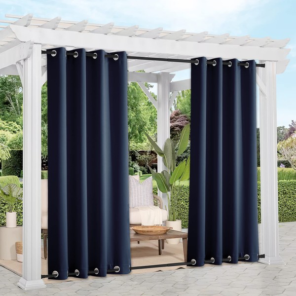 NICETOWN 2 Panels Outdoor Curtains for Patio Waterproof, Rustproof Top and Bottom Grommet Windproof Drapes Thermal Insulated Blackout Outdoor Blinds for Porch/Gazebo, W52 x L84, Navy Blue