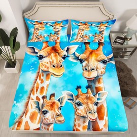 Manfei Giraffe Kids Fitted Sheet Single Size, Cute Giraffe Family Bed Cover with 1 Pillowcase, Cartoon Animal Theme Bedding Set for Boys Girls Adults Bedroom Decor, Soft Polyester Bedding