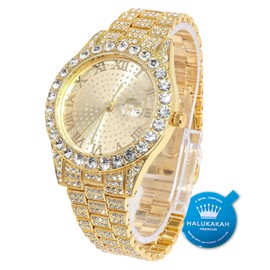 Halukakah Men's Diamond Gold Watch, 18 K Real Gold-Plated/Platinum White, 42 mm Round Design, Bracelet with Hand-set Laboratory Diamonds (24 cm), Cuban Link Chain (20 + 45 cm Necklace Bracelet) with