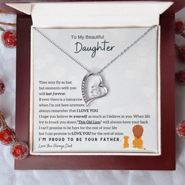 Momavo Jewelry Daughter Gift From Dad, Father Daughter Gift, Dad to Daughter Gift, Christmas Birthday Gift, Forever Love Necklace (Luxury Box w/LED LIGHT, 14k White Gold Finish) (14k White Gold Finish, Luxury Box w/ LED LIGHT)