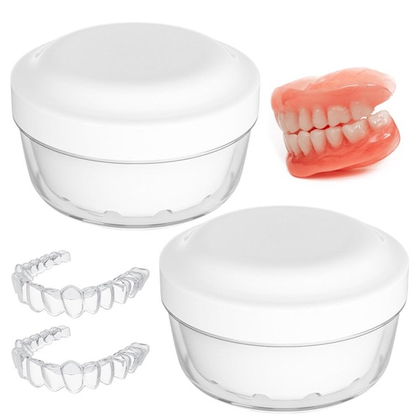 NAVESO 2 x Braces Box Cleaning Box, Brace Box with Strainer, Dental Rail Box, Portable Denture Cleaning Box for False Teeth Storage Cleaning (White)
