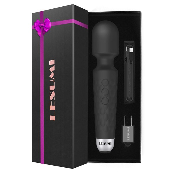 LESUMI Upgraded Personal Wand Massager with Memory - Premium with 8 Speeds 20 Patterns and One-Click Recovery - Mini Handheld Powerful Rechargeable for Neck Back Stress Relief Relax Muscles (Black)