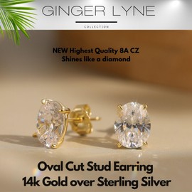 Faux Diamond Stud Earrings For Women 6mm Oval Cut 14k Gold Plated Sterling Silver 1ct Cubic Zirconia Earring Studs for Her by Ginger Lyne Pierced Minimalist Jewelry