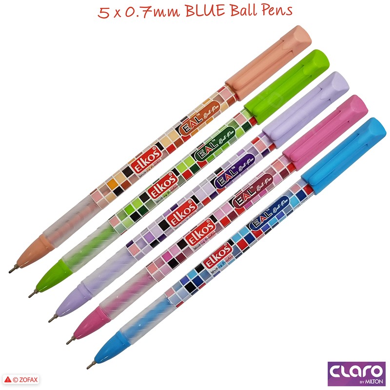 ELKOS BLUE Ballpoint Pens, 0.7mm Fine Point, Pack of 5,