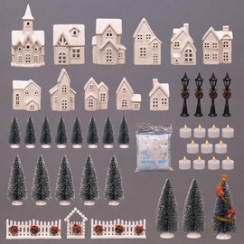 Ultimate Holiday Winter Village Pre Lit LED Display, Unglazed White Porcelain Houses, 46 Piece Tabletop Christmas Boxed Set, includes Tea Lights, Trees, Lamp Posts, and Artificial Snow