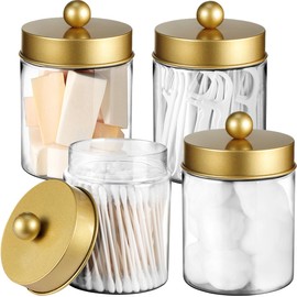 Amolliar Qtip Holder Dispenser - 8 oz Plastic Apothecary Jar Containers for Vanity Makeup Countertop Organizer Storage -Bathroom Canister Accessories Set for Cotton Swab, Ball, Pads, Floss-Gold (4)