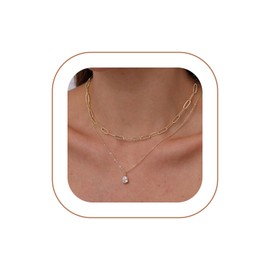 Hothrty Gold Necklace Set 14K Double Layered Choker Dainty Paperclip Necklace Cubic Zirconia Pendant Trendy Jewelry for Woman