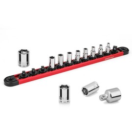1/4" Drive 6 Point Shallow Socket Set: 12 Piece SAE Shallow Socket Assortment 5/32-9/16 on Magnetic Organizer Rail Rack Premium 6 Point Socket Set Includes 3/8" to 1/4" Adapter(Red)