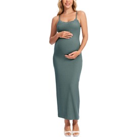 MOMANDA Women’s Maternity Dress Ribbed Nursing Nightgowns with Built in Bra Sleeveless Bodycon Dresses for Breastfeeding Midnight Emerald Large