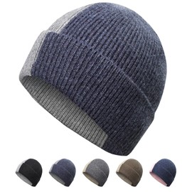 HiRui Winter Beanie Hats for Men Women, Knit Skull Caps Warm Soft Hats Contrast (Navy Blue/Gray)