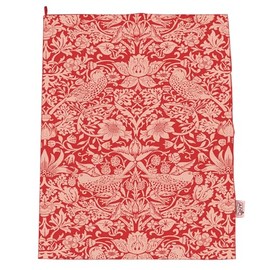 Half Moon Bay Strawberry Thief - by William Morris - Raspberry Red/White 25 x 18 Inch 100% Recycled Cotton Kitchen Tea Towel