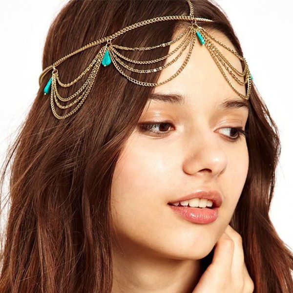 NAISKA Gold Head Chain Boho Layered Turquoise Headpiece Tassel Hair Jewelry Festival Prom Party for Women and Girls