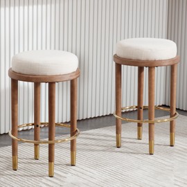 BESTANO 26” Rustic Backless Bar Stools Set of 2 with Wooden Legs, Round Counter Height Stools Bar Chairs Kitchen Bar Stools, Farmhouse Linen Upholstered Top Stools Bar Stools, Beige