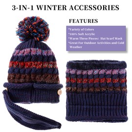 FANZERO Womens Girls Knit Beanie Scarf Mask Set Soft Warm Fleece Lined Winter Ski Hat with Pompom (Navy Blue)