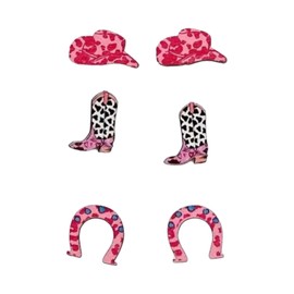 Western Cowgirl Earring Set, 3 Pairs, Pink Heart Print Hat, Cow Print Boots, Lucky Horseshoe Design
