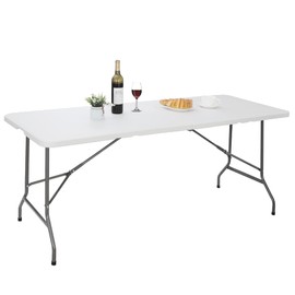 Saicool Folding Event Table, Heavy Duty Picnic Table Indoor Outdoor Camping, 6FT Portable w Handle Lock for Banquet, White
