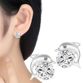 Sttiafay Silver Dolphin CZ Earrings Cute Animal Stud Earrings Tiny Earring Jackets Gifts for Women and Girls