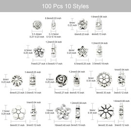 KitBeads 100Pcs 10 Styles Tibetan Flower Beads Antique Silver Floral Beads Daisy Rose Flower Spacer Beads for Jewelry Making Bracelets Crafts Bulk