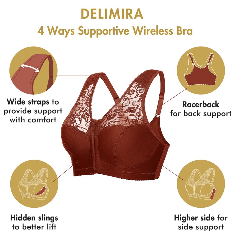 DELIMIRA Women's Front Fastening Bras Lace Wireless Plus Size Full